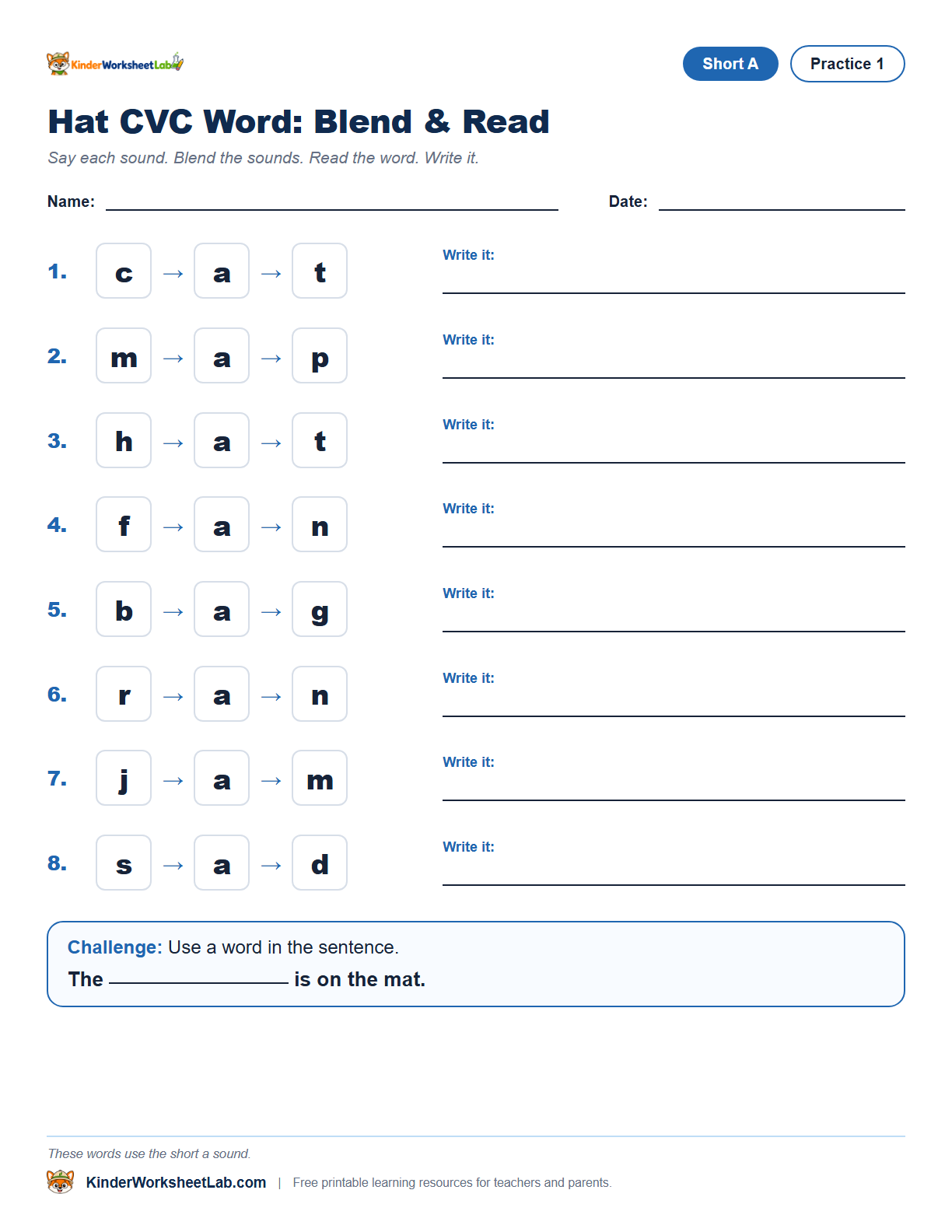 Missing Letters — Hat CVC Worksheet worksheet preview