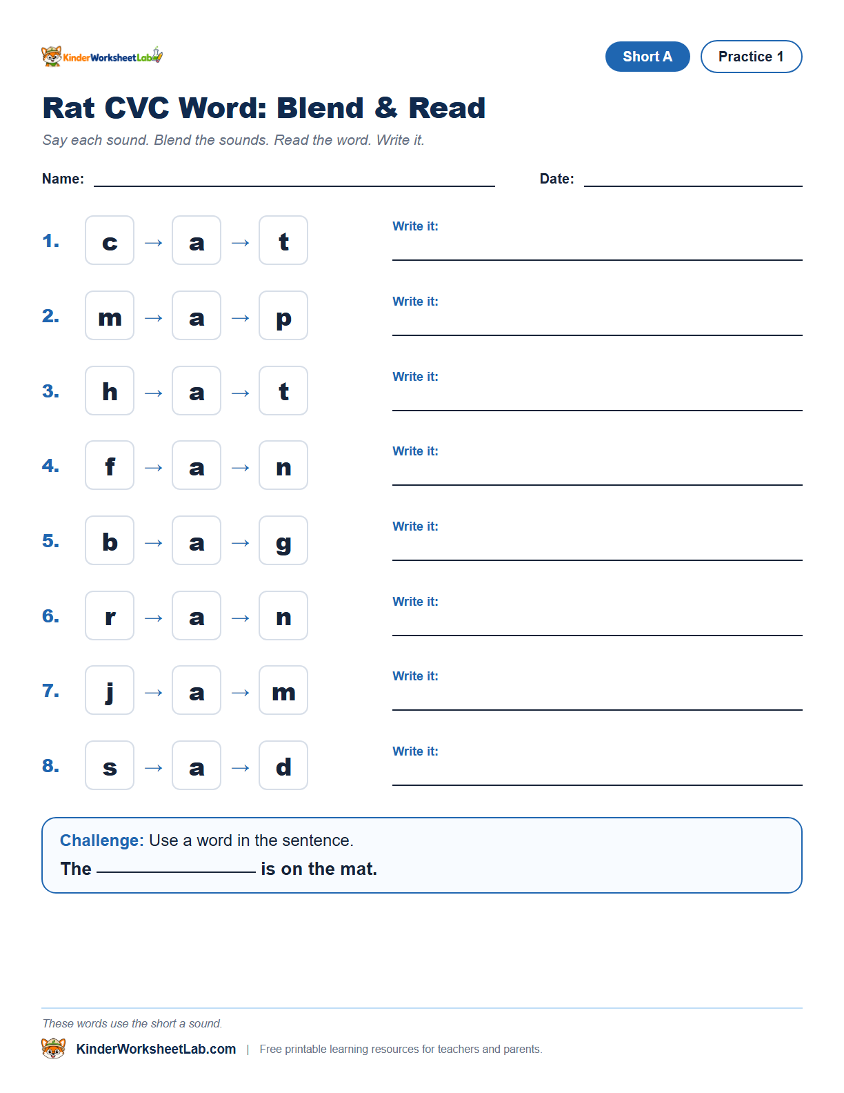 Missing Letters — Rat CVC Worksheet worksheet preview