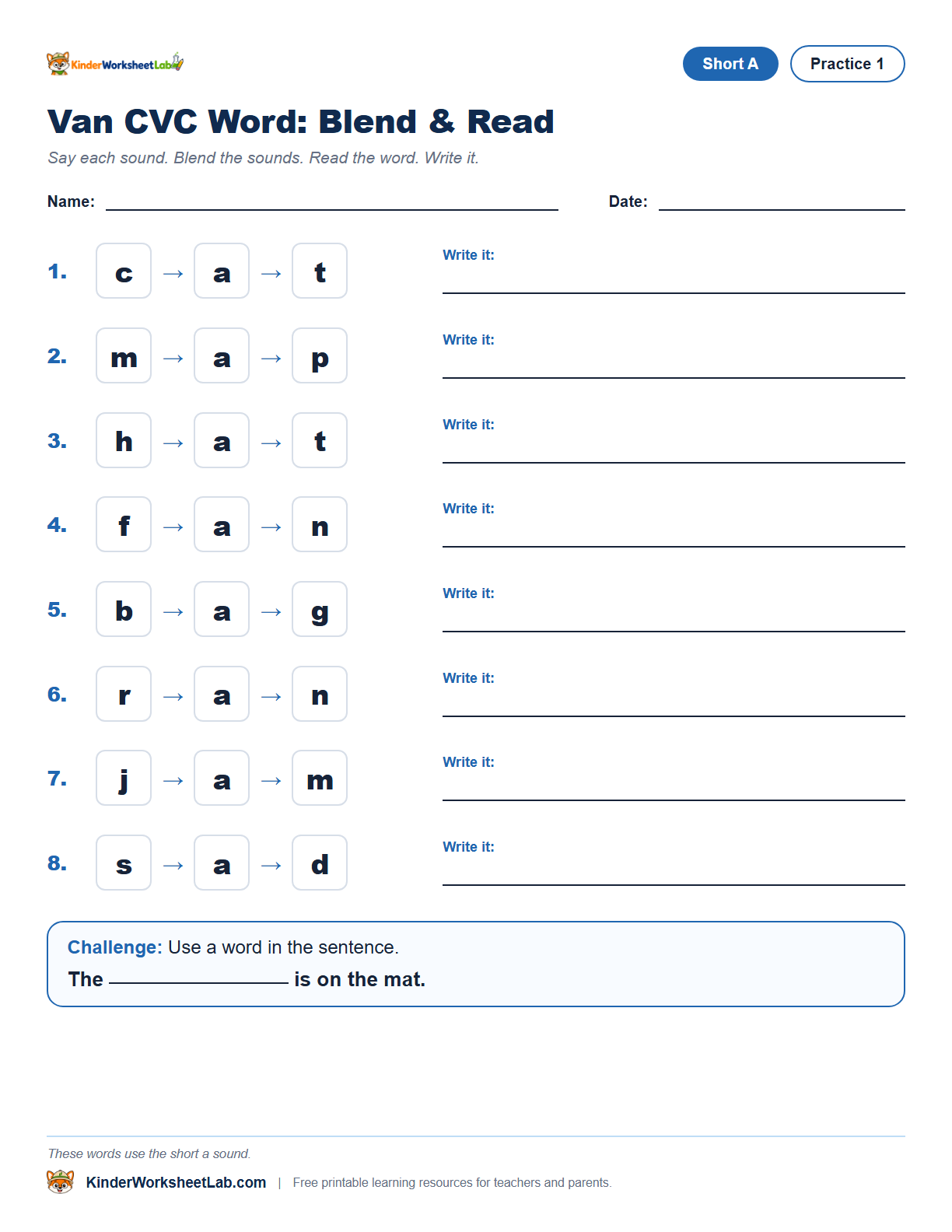 Missing Letters — Van CVC Worksheet worksheet preview