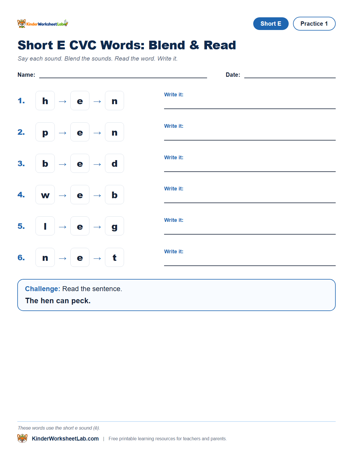 Missing Letters — Hen CVC Worksheet worksheet preview
