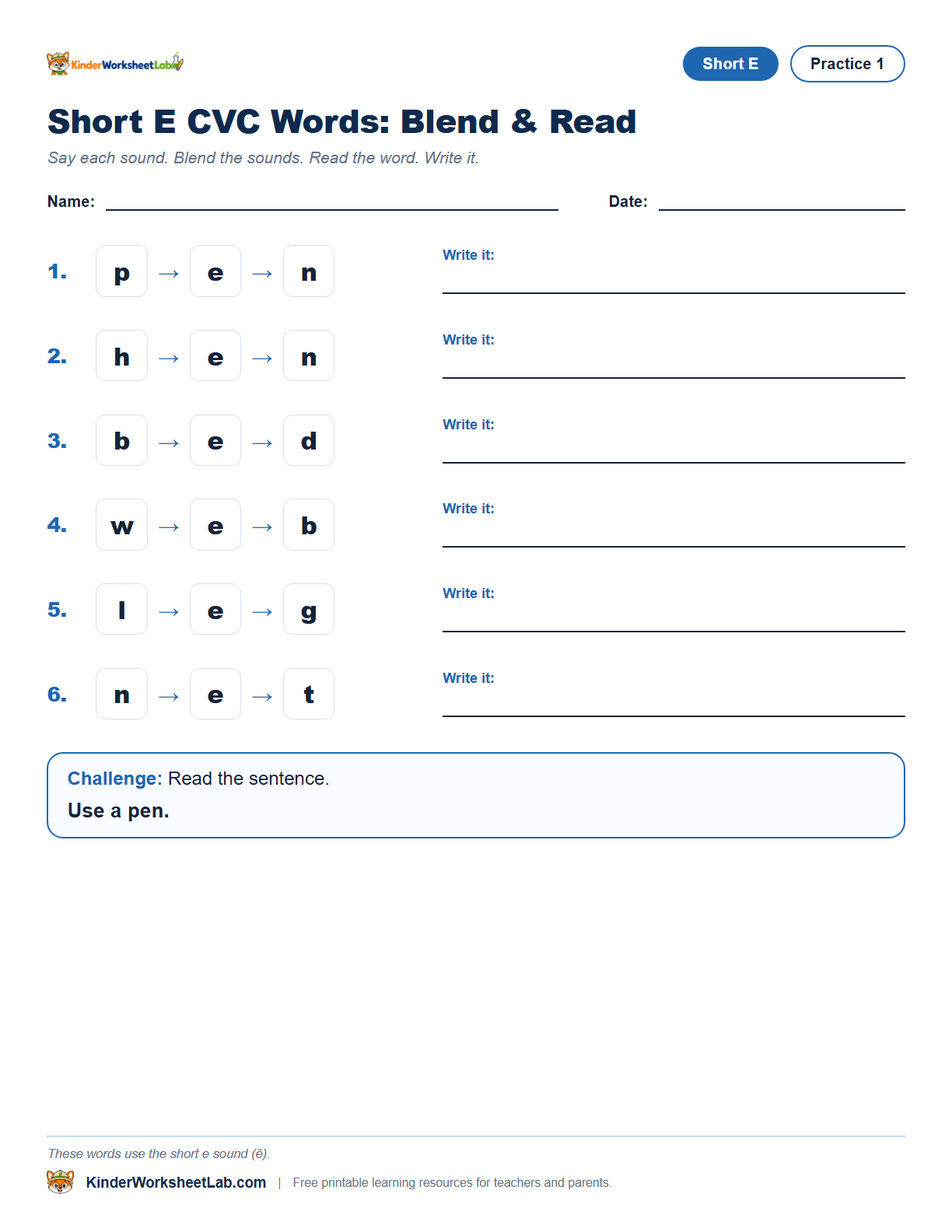 Missing Letters — Pen CVC Worksheet worksheet preview