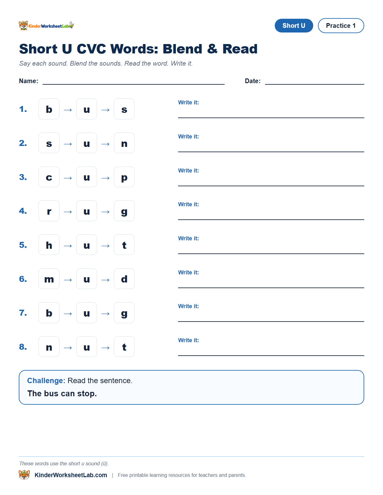 Missing Letters — Bus CVC Worksheet worksheet preview