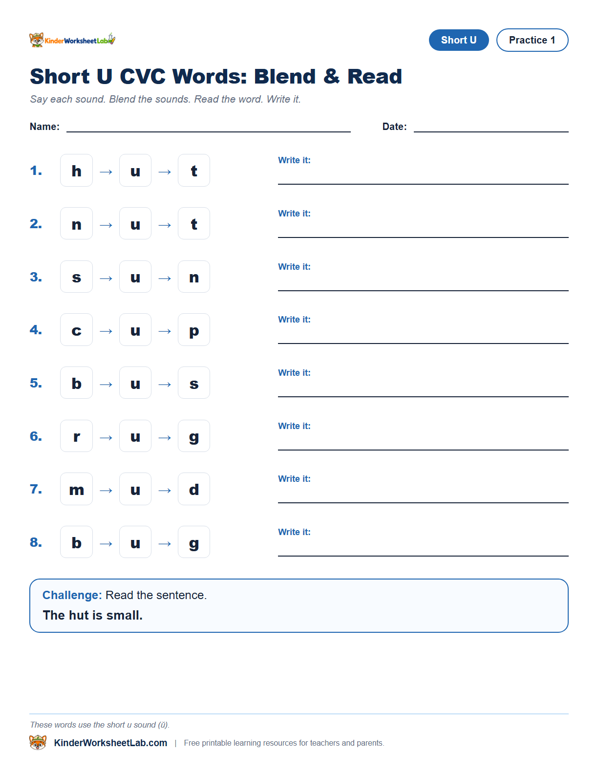 Missing Letters — Hut CVC Worksheet worksheet preview
