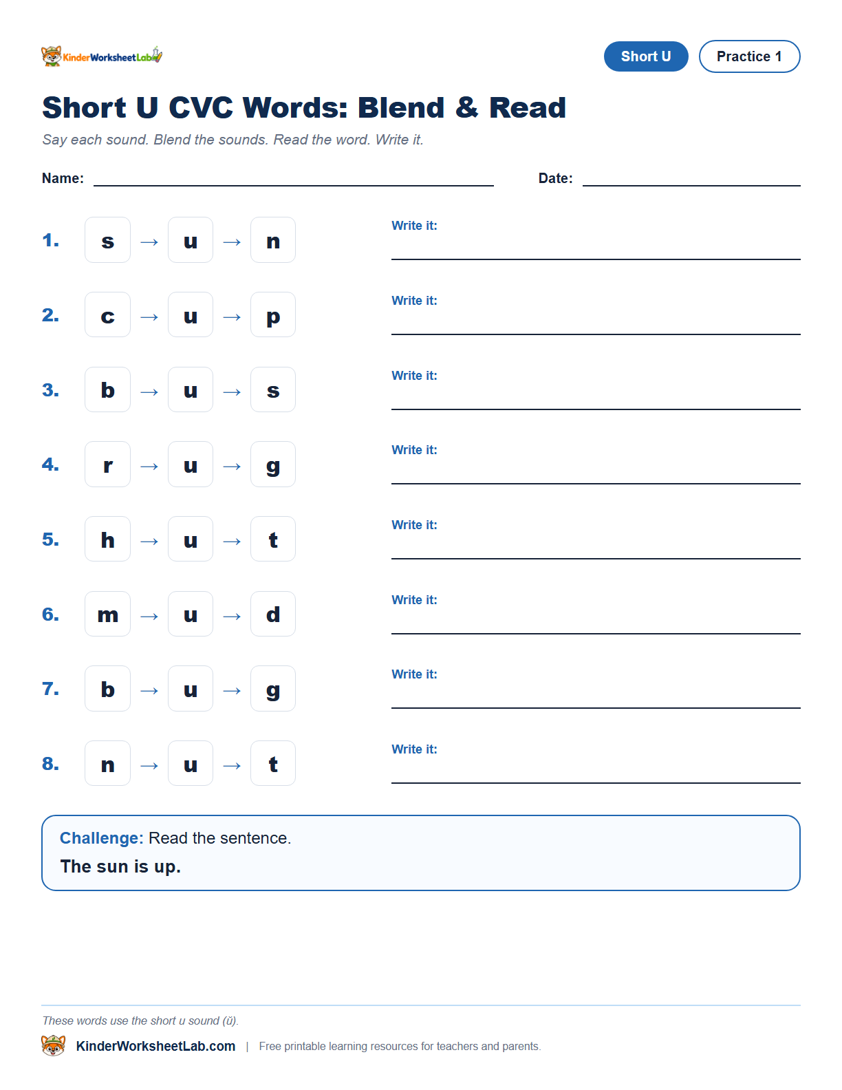 Missing Letters — Sun CVC Worksheet worksheet preview